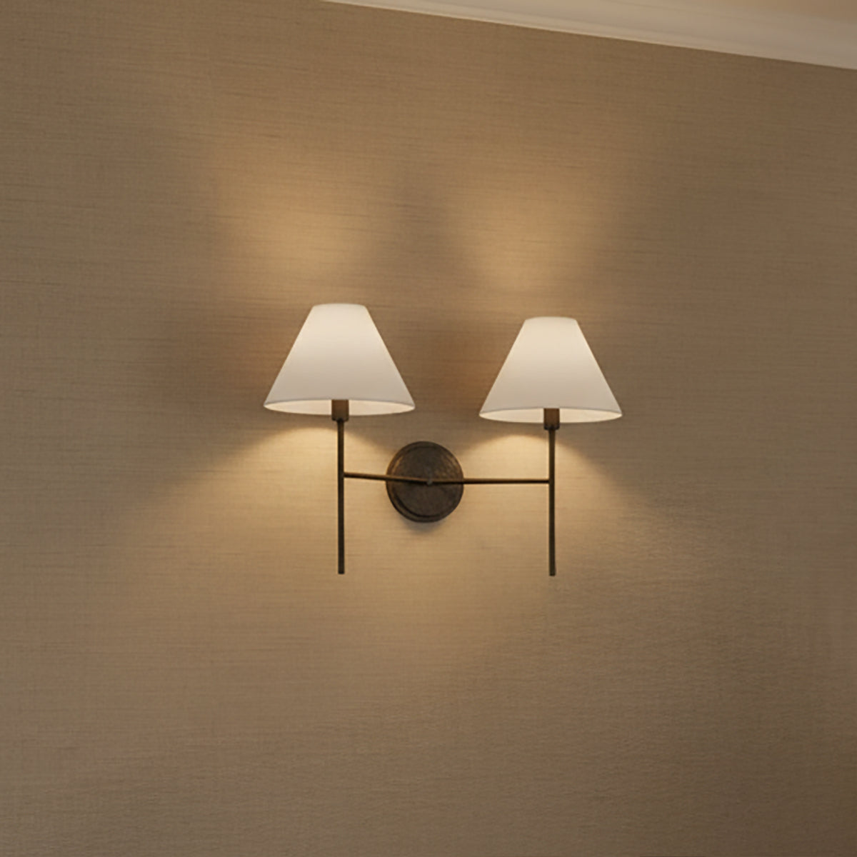Bryson Double Wall Sconce 14", Aged Iron for Modern home with Textured Beige Wallpaper