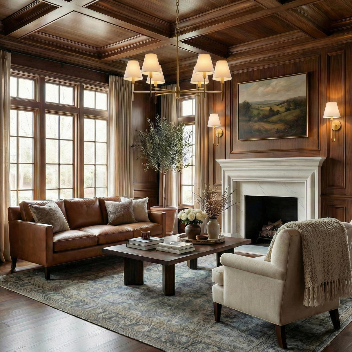 Bryson 6 Light Chandelier 36", Modern Brass linear Chandelier in a Traditional Living Room with a leather sofa and marble fireplace.