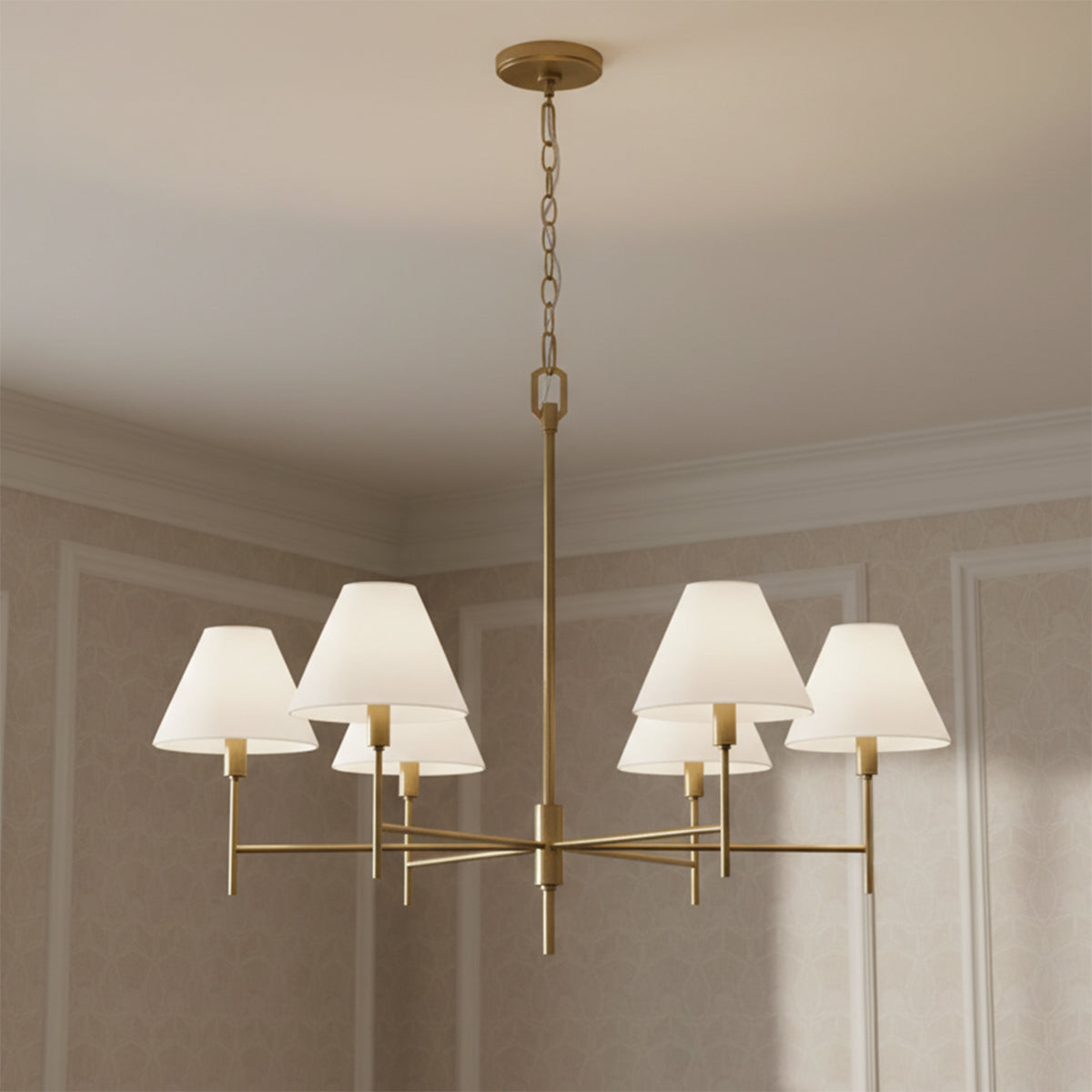 Bryson 6 Light Chandelier 36", Modern Brass in a Transitional home with Beige Classic Wallpaper