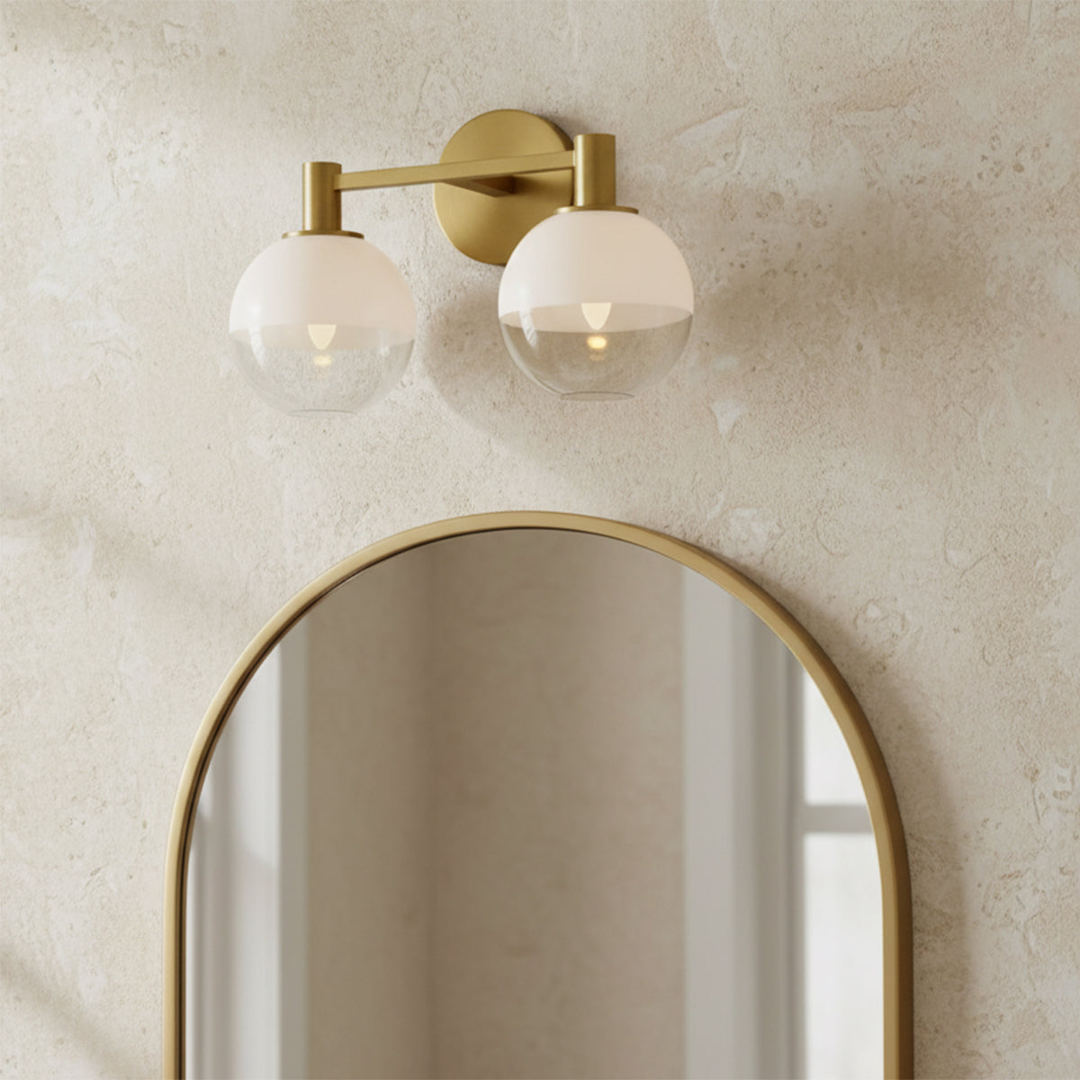 Merrick 2 Light Vanity, Modern Brass for Modern home with Textured Beige Walls