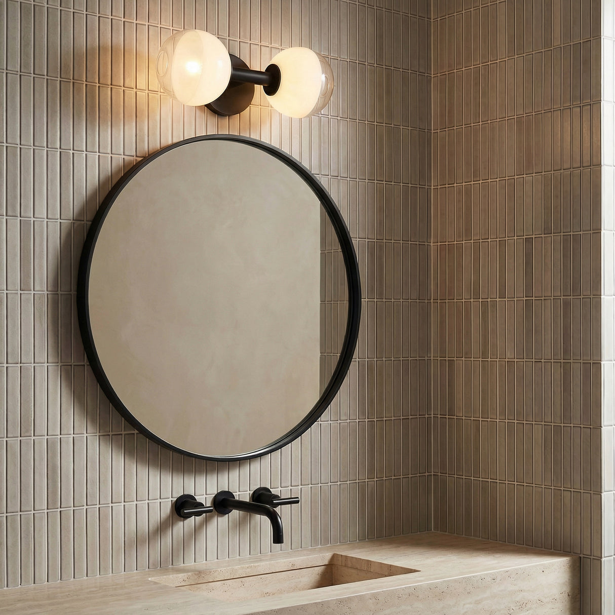 Merrick 2 Light Wall Sconce 15", Aged Iron styled in a contemporary bathroom with stacked tile.