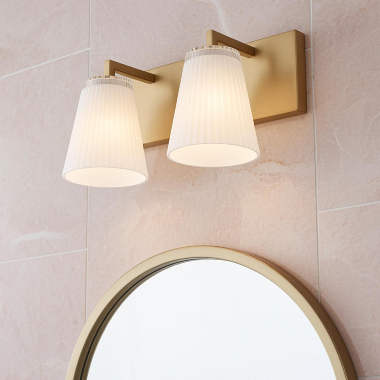 Margot 2 Light Vanity, Satin Brass for Modern home with Pink Marble Siding