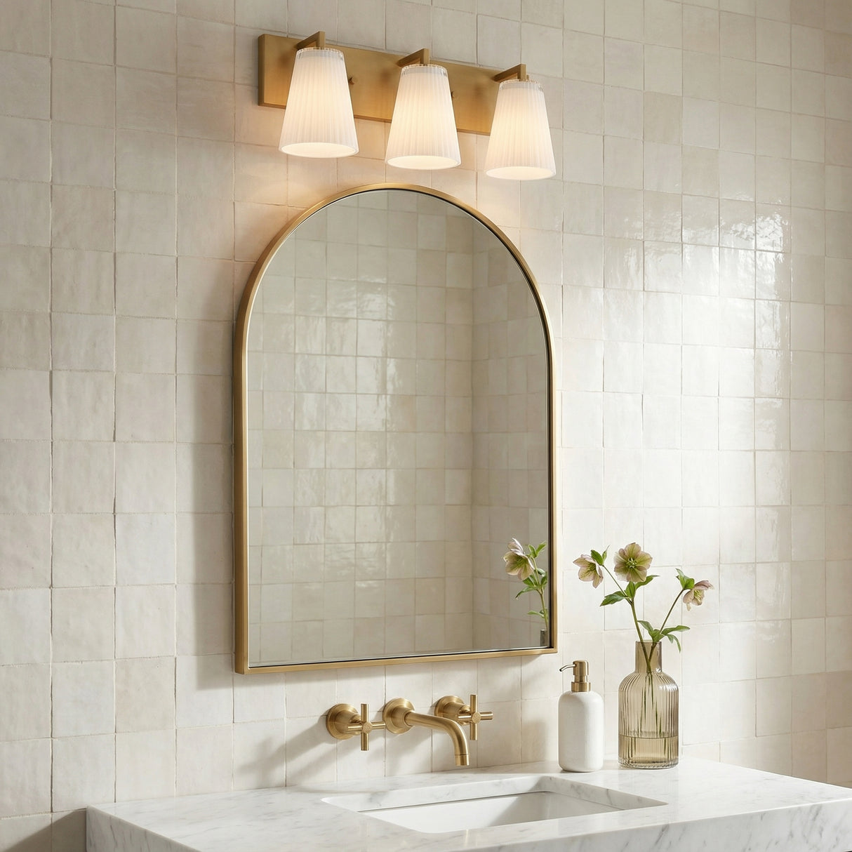 Margot 3 Light Vanity, Satin Brass for Transitional home with White Tile