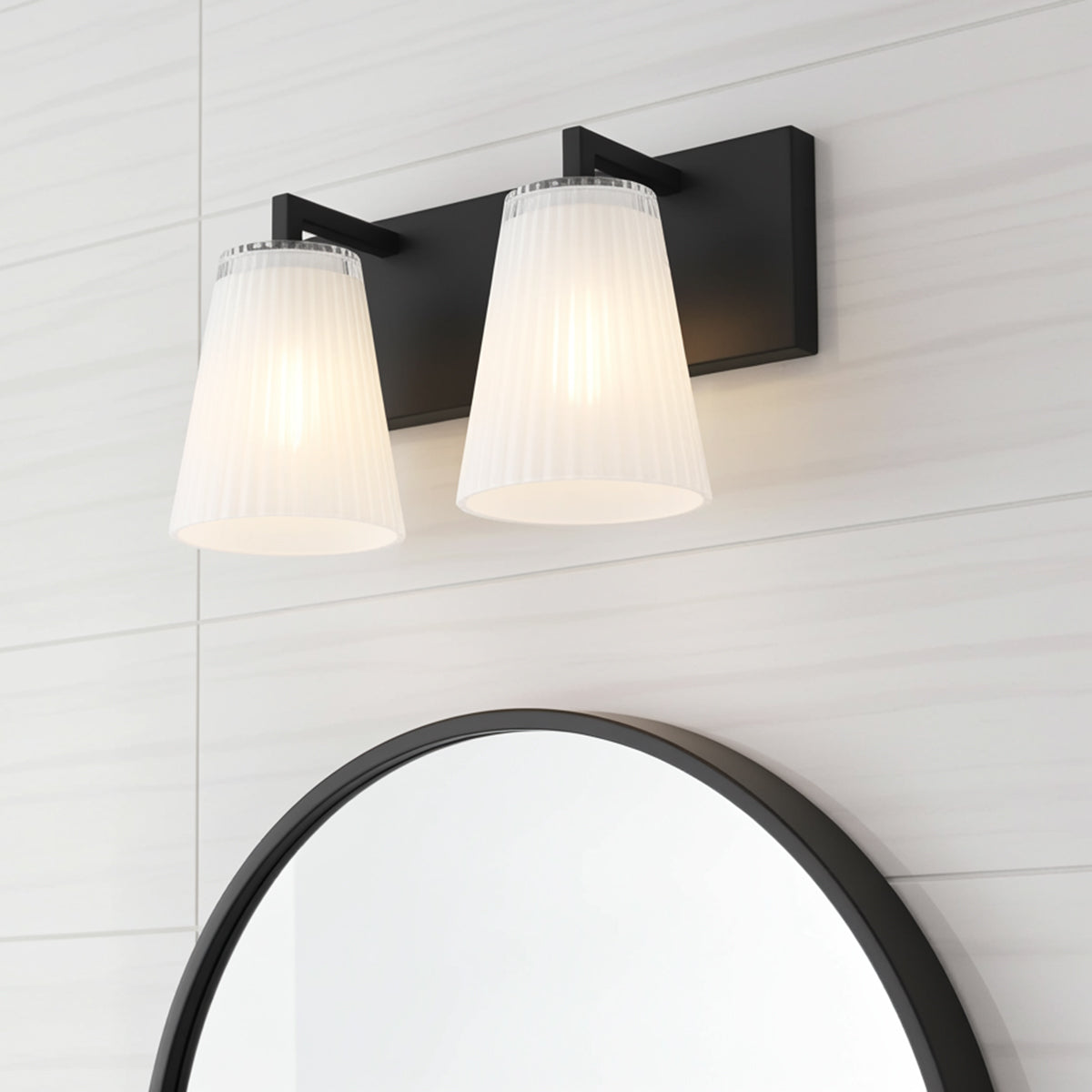 Margot 2 Light Vanity, Matte Black for Modern home with White Shiplap