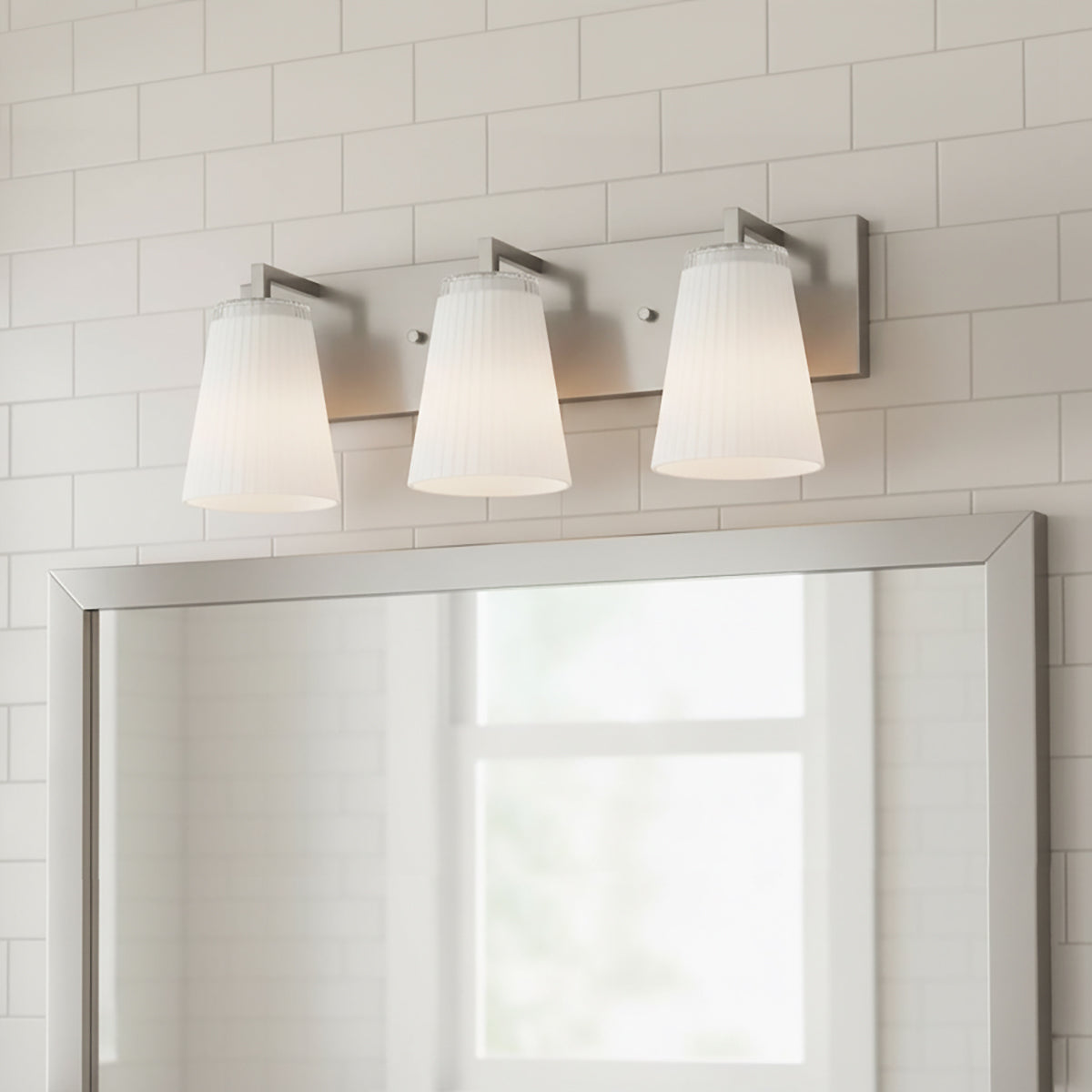 Margot 3 Light Vanity, Brushed Nickel for Modern home with White Shiplap