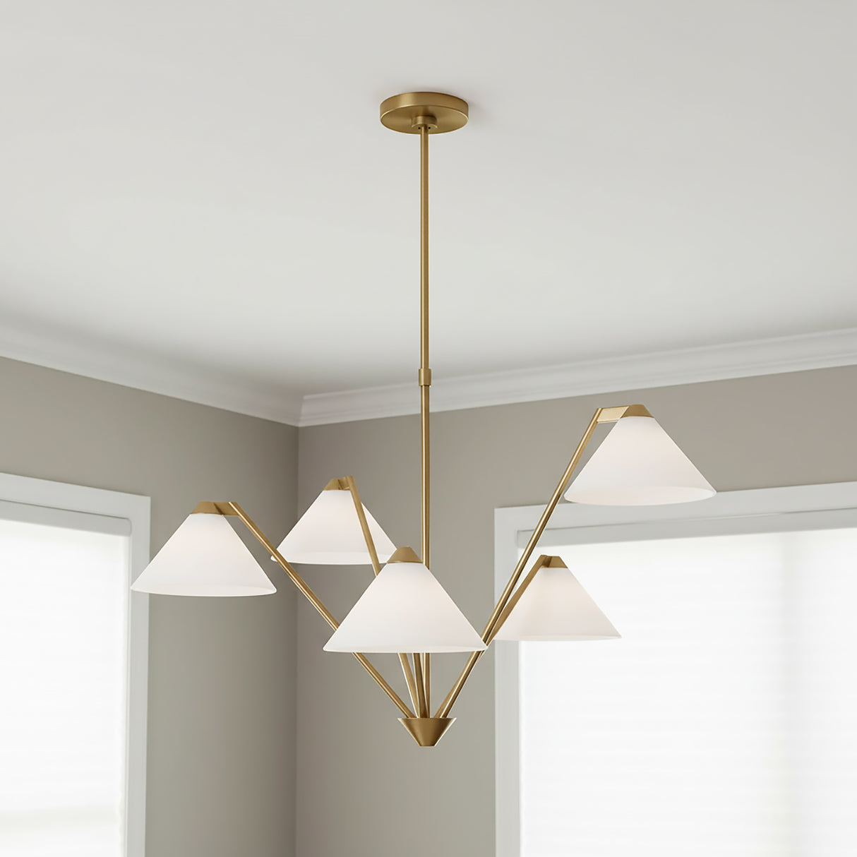 Odalyn 5 Light Chandelier 31, Satin Brass for Modern home with Gray Walls