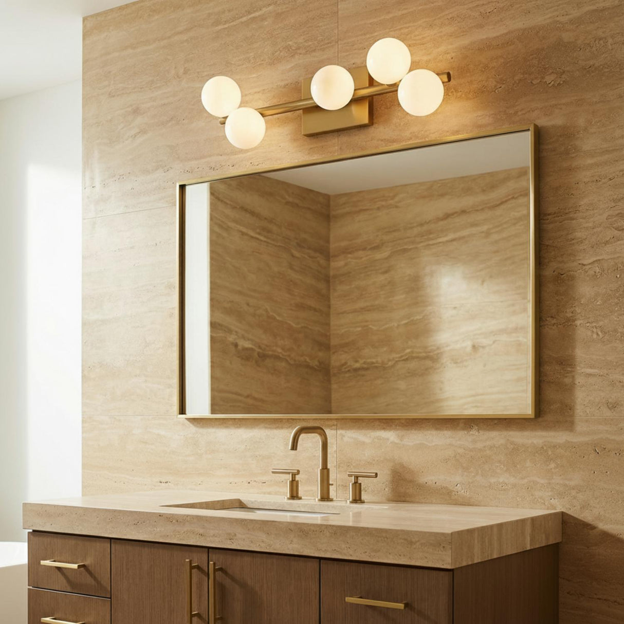 Veya 5 Light Wall Sconce 24", Modern Brass and Milk Glass