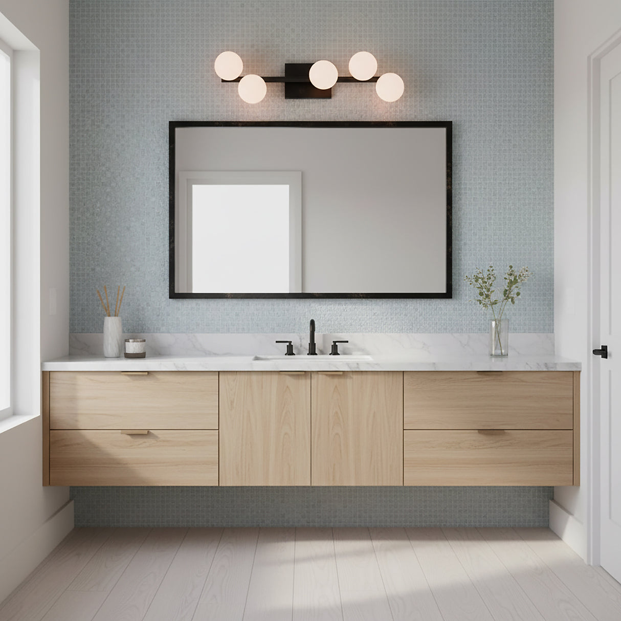 Veya 5 Light Wall Sconce 24" for Modern home with Light Blue Tile