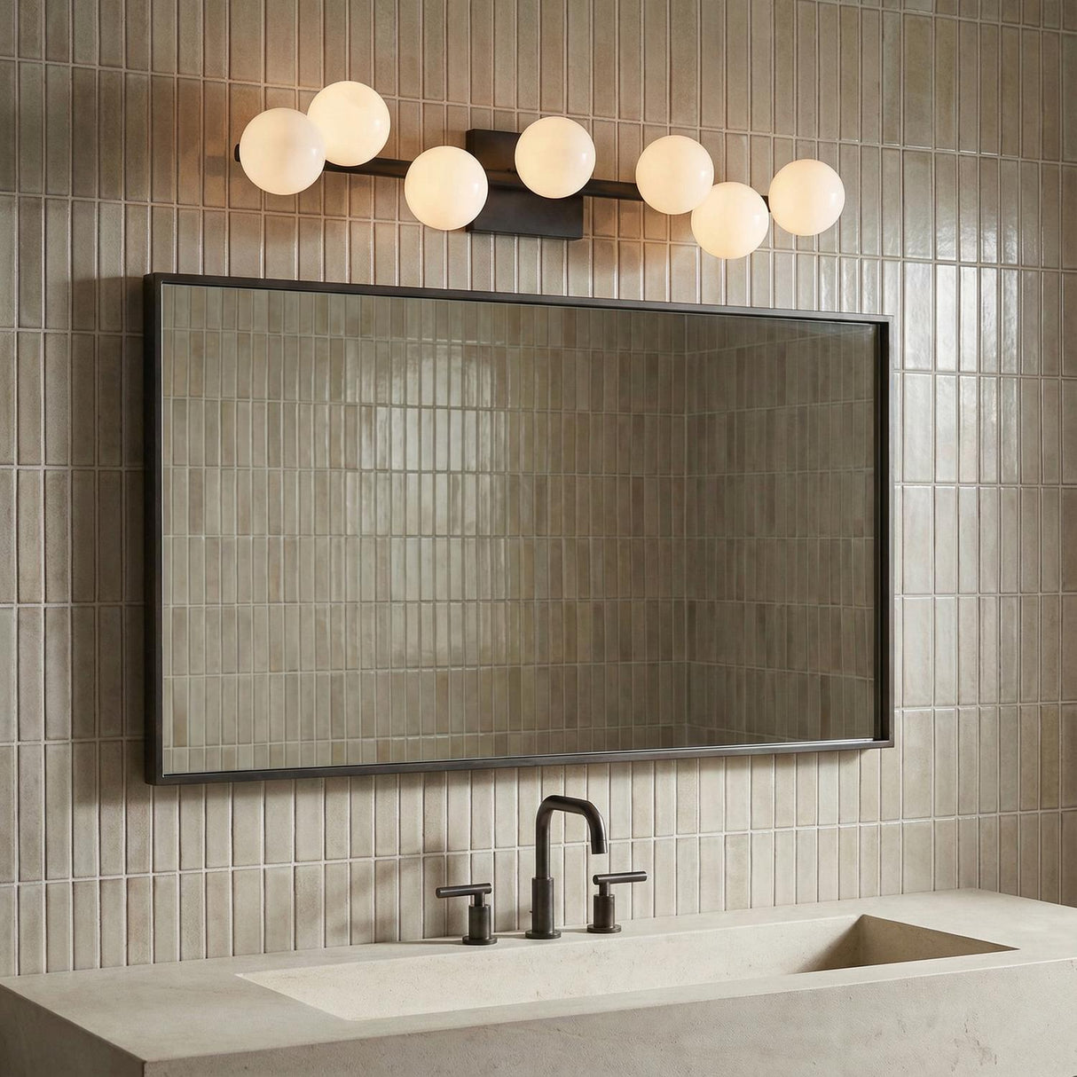 Veya 7 Light Wall Sconce 32", Aged Iron and Milk Glass