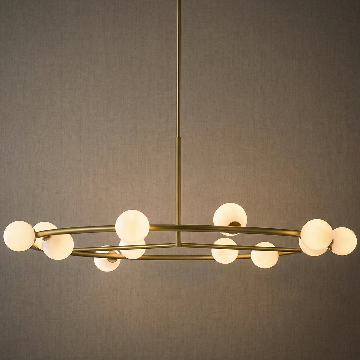Veya 12 Light Chandelier 44" Modern Brass and Milk Glass for Modern home with Gray Textured Wall