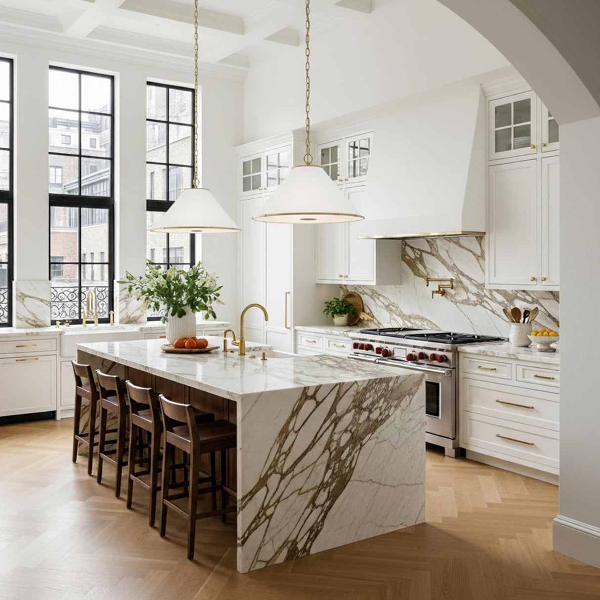 A transitional kitchen featuring two Gael Medium Pendant 22", Gilded Brass fixtures with white fabric shades hung over a marble waterfall island under a coffered ceiling.