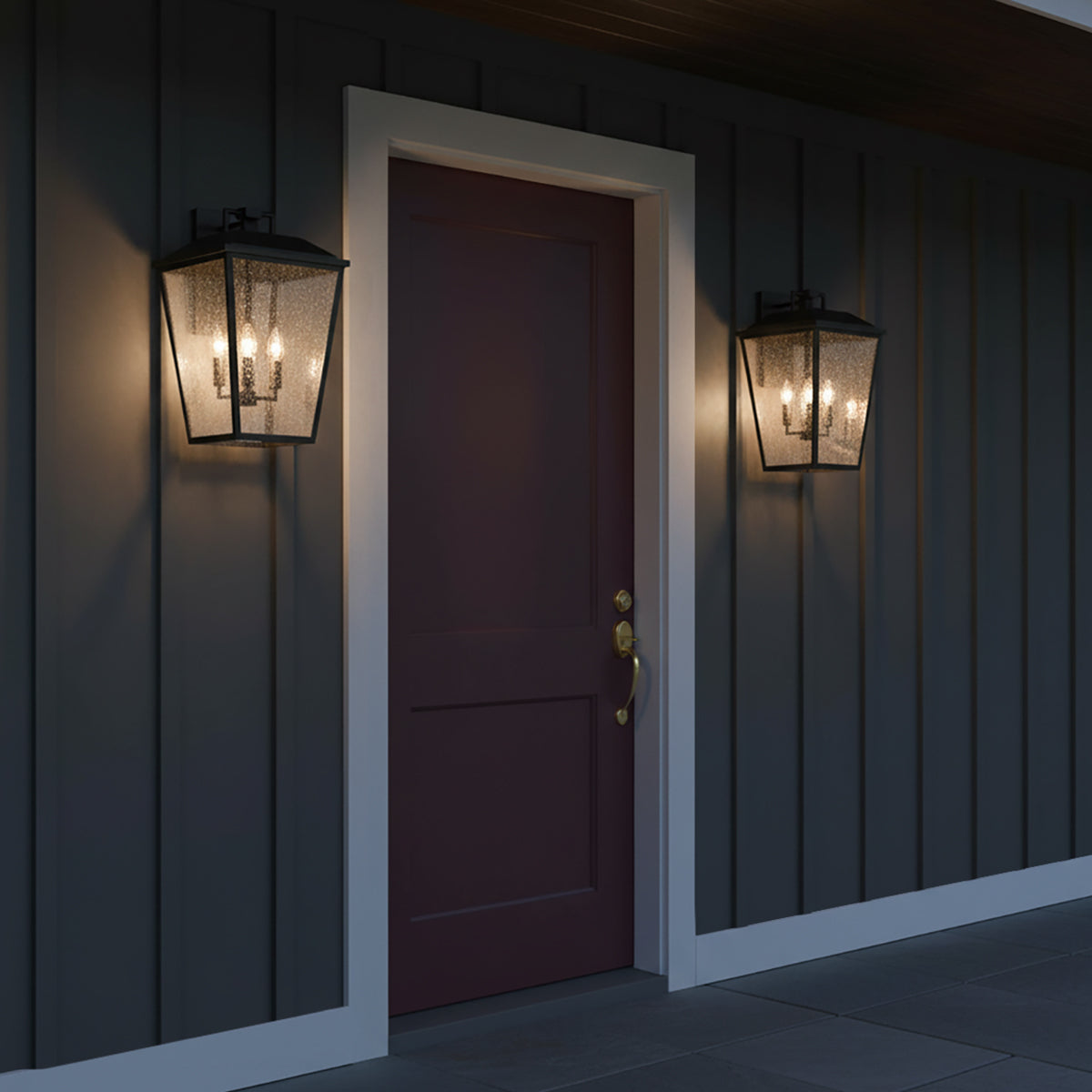 Harrison Outdoor Extra Large Wall Light 19", Old Bronze - Two outdoor wall lights flank a dark red door