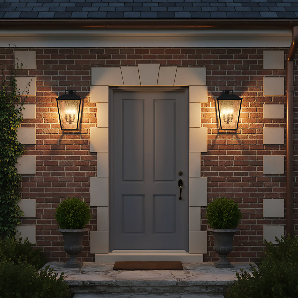 Harrison Outdoor Large Wall Light 16, Textured Black - Two black lanterns with seeded glass are mounted on a brick wall flanking a grey door.