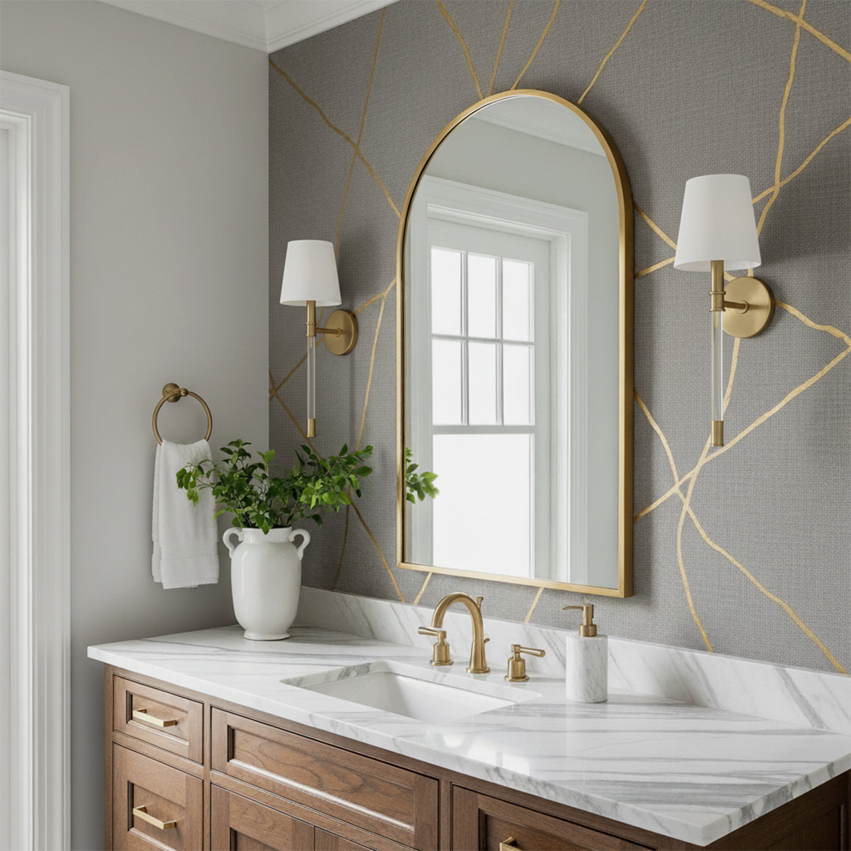 Audrey Wall Sconce 19", Modern Brass for Modern home with Gray Wallpaper