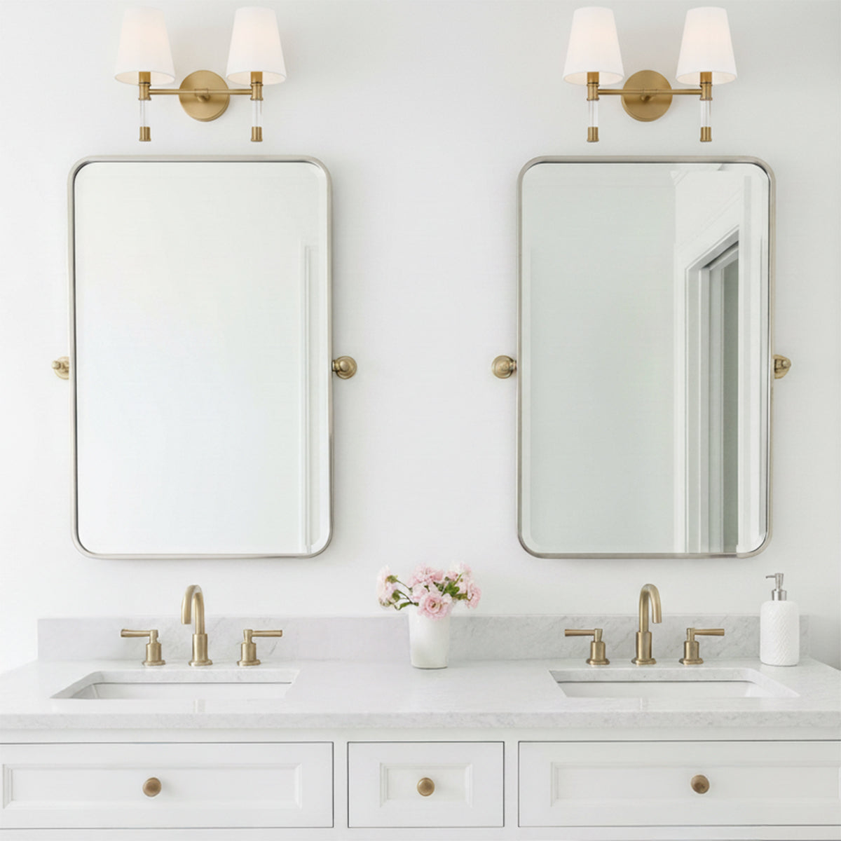 Audrey 2 Light Vanity, Modern Brass and Milk Glass for Modern home with White Walls