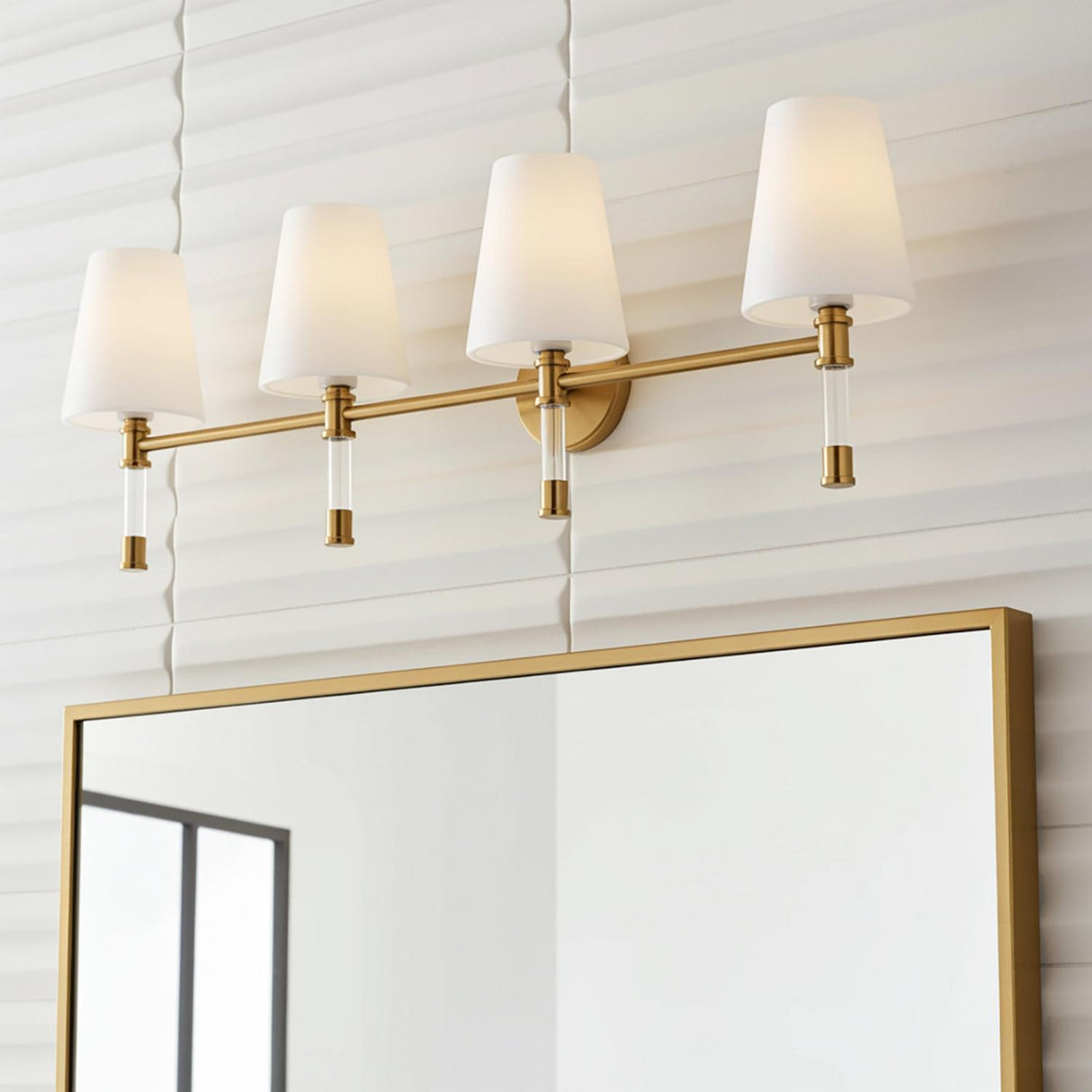 Audrey 4 Light Vanity, Modern Brass and Milk Glass