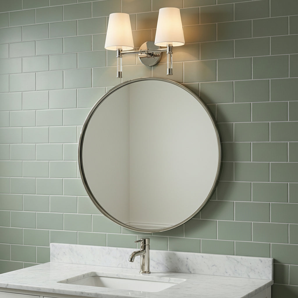 Audrey 2 Light Vanity, Polished Nickel and Milk Glass for Transitional home with Green Tile