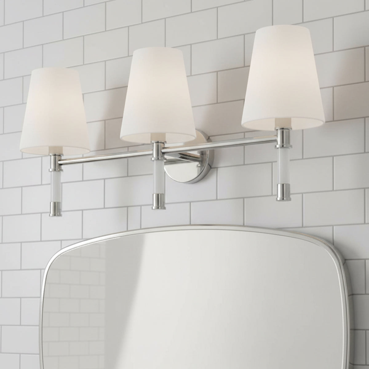 Audrey 3 Light Vanity, Polished Nickel and Milk Glass for Modern home with White Siding