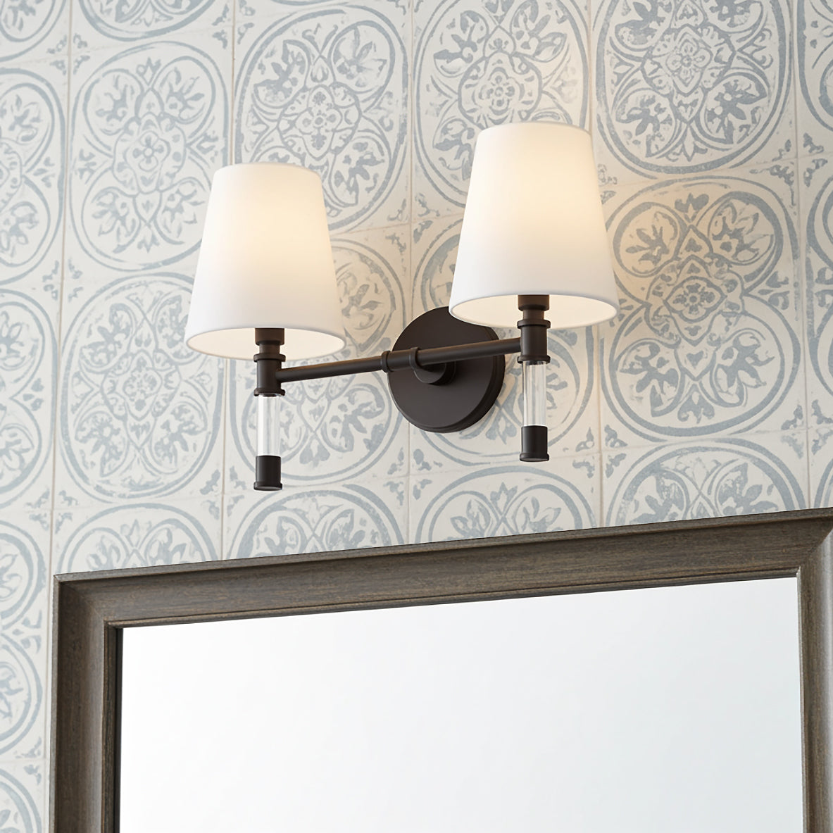 Audrey 2 Light Vanity, Aged Iron and Milk Glass for Transitional home with White Tile