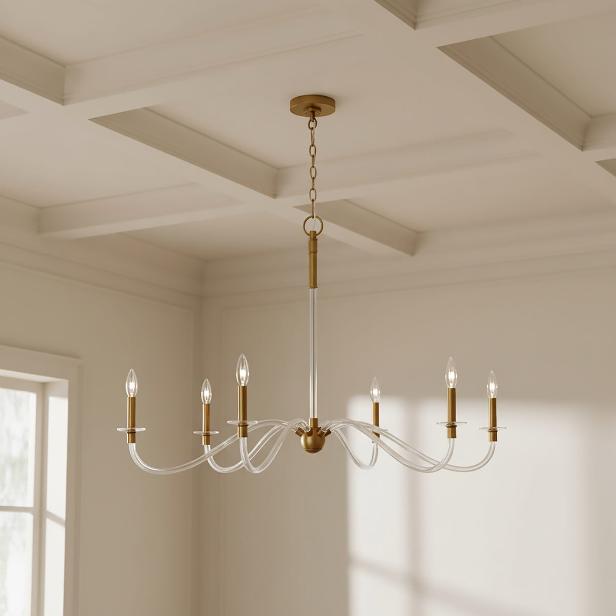 Audrey 6 Light Chandelier 42", Modern Brass for Modern home with Cream Siding