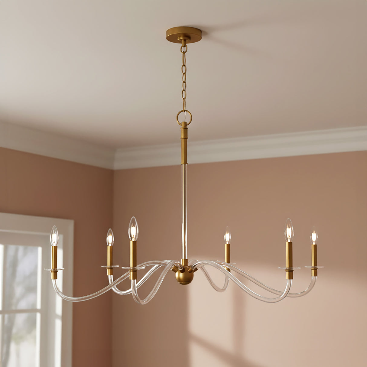 Audrey 6 Light Chandelier 42", Modern Brass for Transitional home with Beige walls