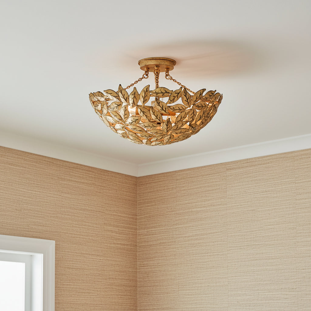 Floren Semi-Flush 16" Aged Gilded Brass for Transitional home with Warm Beige Textured Walls