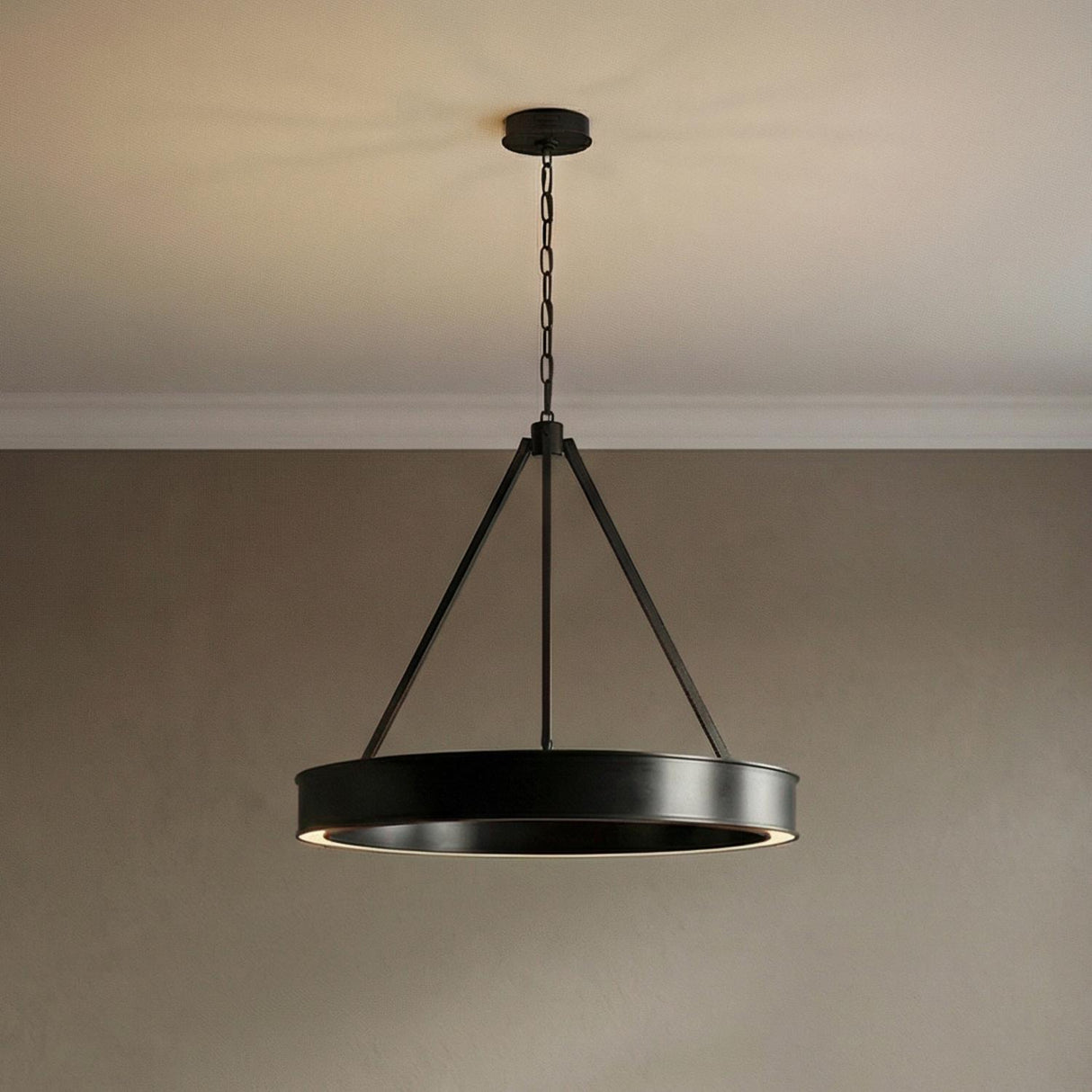 Edwin Large LED Chandelier 36", Aged Iron geometric Chandelier in a Contemporary Dining Room with neutral walls and white molding.