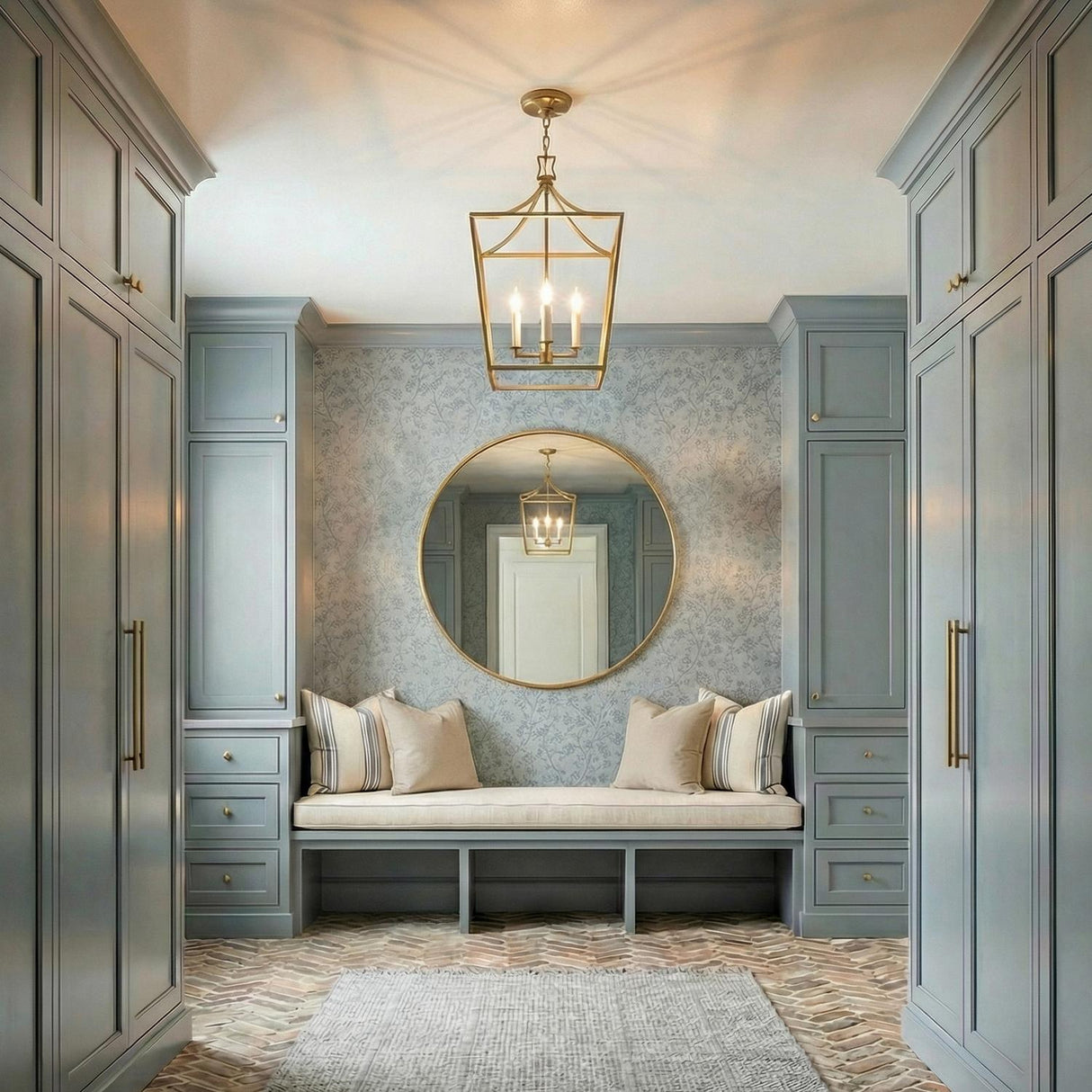 Grayden Large Lantern Pendant 18", Modern Brass geometric lantern pendant in a Transitional Entryway with blue cabinetry and floral wallpaper.