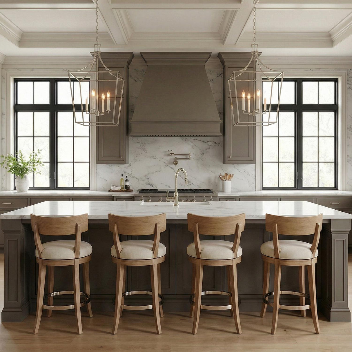 Grayden Large Lantern Pendant, Polished Nickel geometric pendant in a Transitional Kitchen with a white marble island and oak bar stools.
