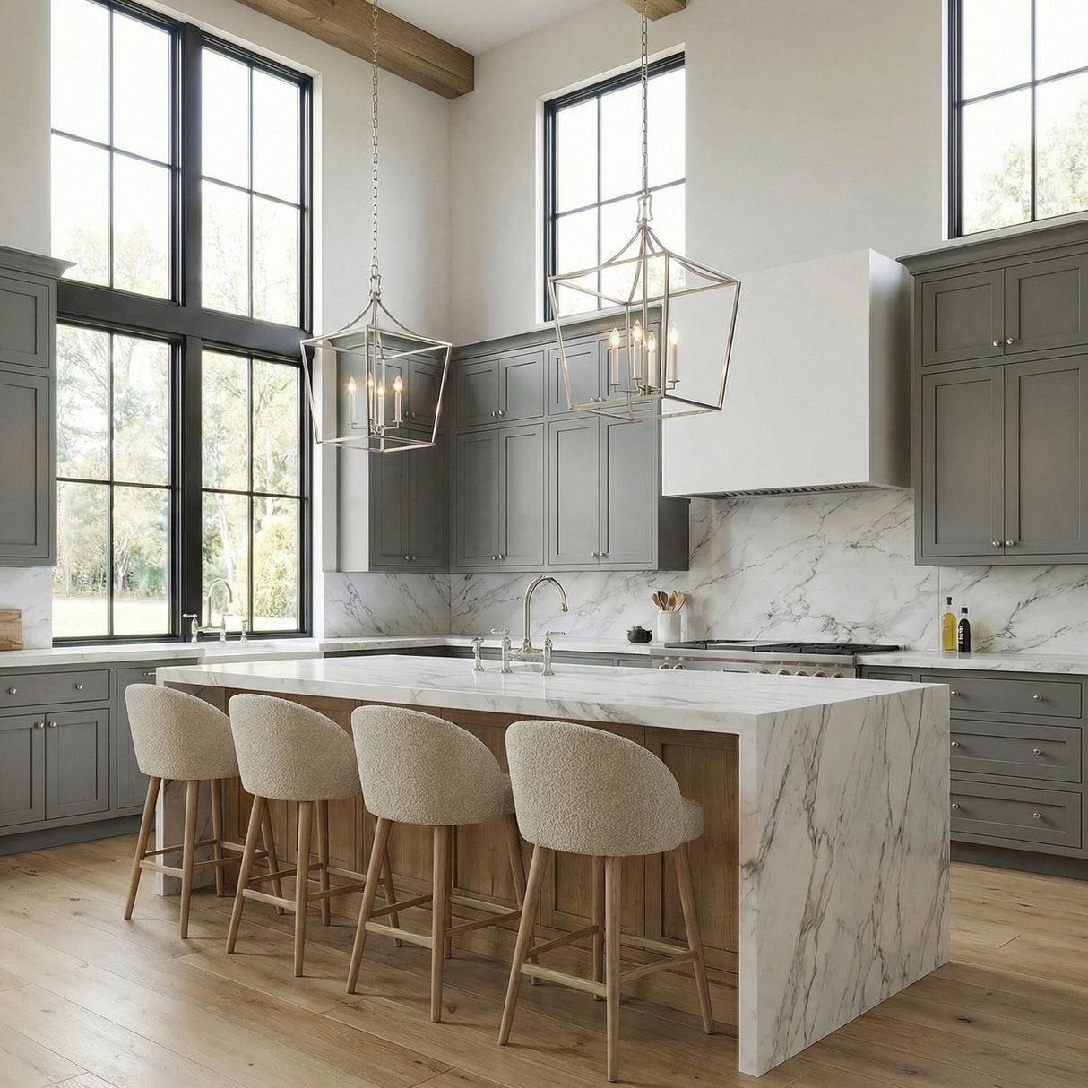 Grayden Large Lantern Pendant 18", Polished Nickel geometric pendant in a Transitional Kitchen with a white marble waterfall island.