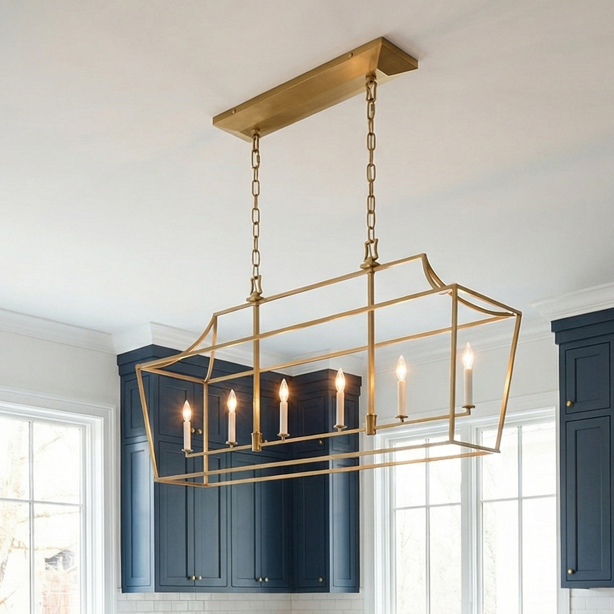 Grayden Linear Lantern 48" for Modern Farmhouse home with Navy Blue Cabinets