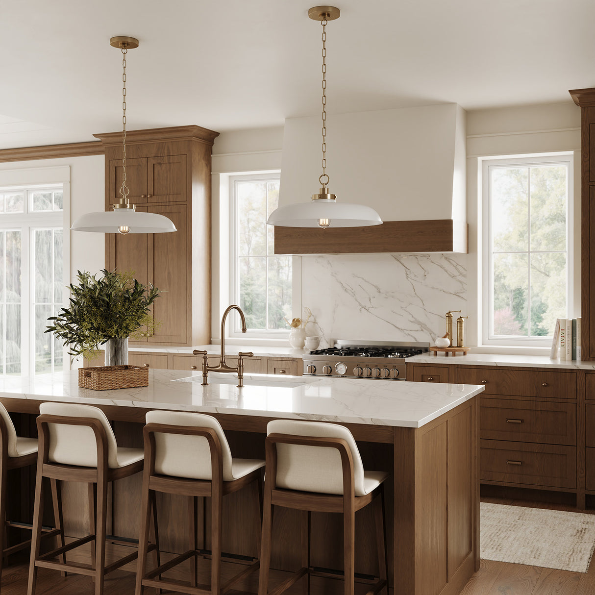 Modern kitchen with marble island, wooden cabinets, and two Franklin 20" Metal Pendant Lights in Matte White and Modern Brass