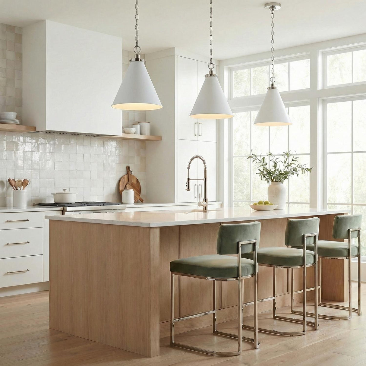 Classon Medium Pendant 16", Matte White and Polished Nickel geometric Pendant in a Modern Farmhouse Kitchen with sage green velvet stools.