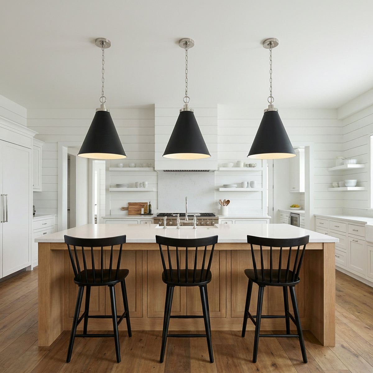 Classon Medium Pendant 16, Matte Black and Polished Nickel for Modern Farmhouse home with White Siding