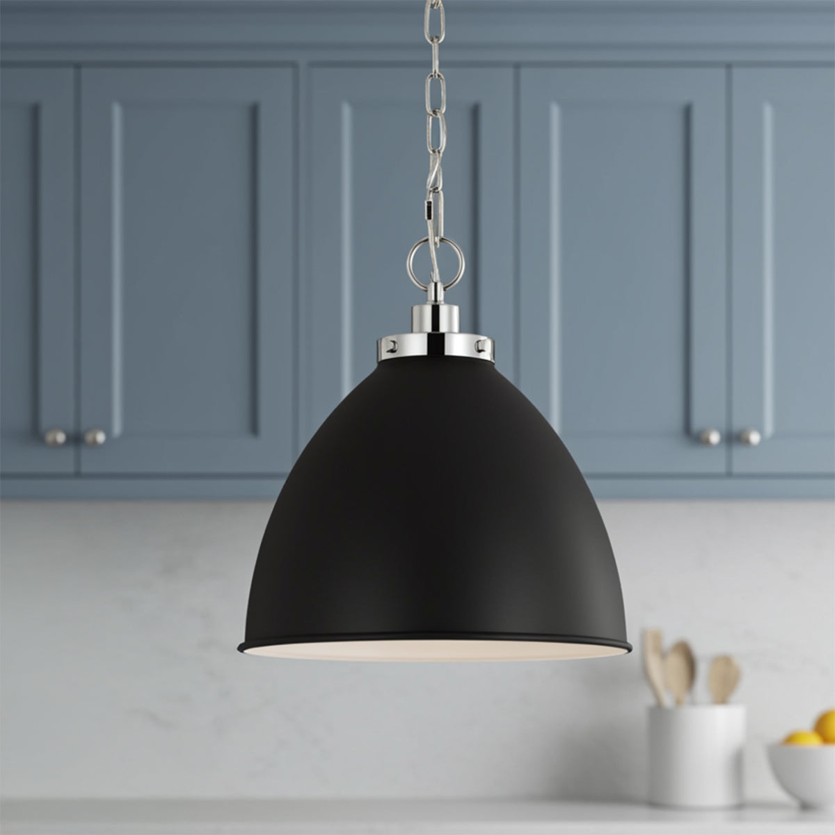 Rodney Medium Pendant 16", Matte Black and Polished Nickel for Modern Farmhouse home with Blue Cabinets