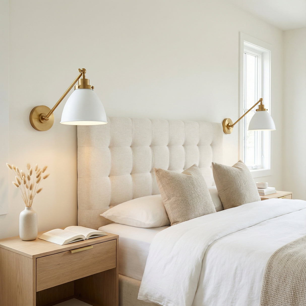 Rodney Adjustable One Arm Wall Sconce, Matte White and Modern Brass linear Wall Sconce in a Transitional Bedroom with a tufted headboard.