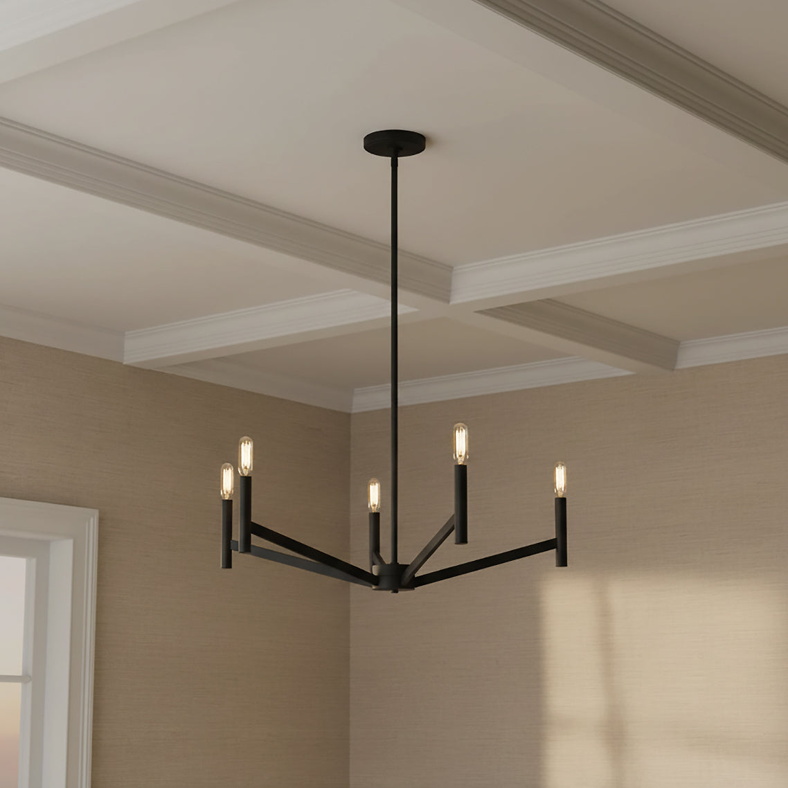 Foster 5 Light Chandelier 28", Matte Black for Modern home with Beige textured walls