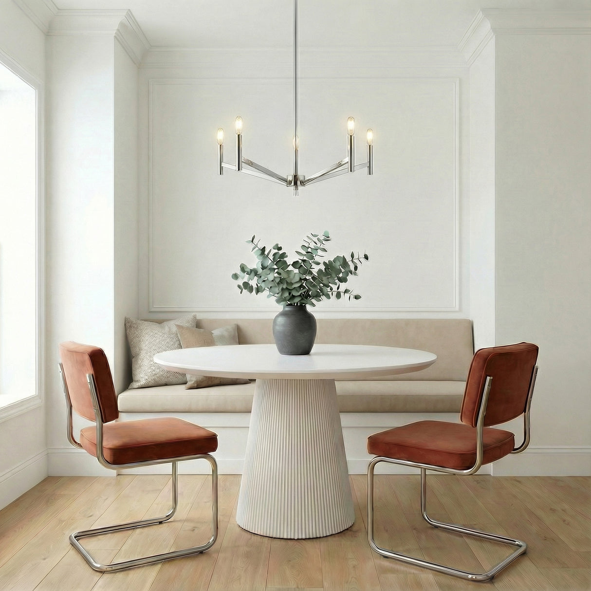 Foster 5 Light Chandelier, Chrome geometric chandelier in a Transitional Dining Room with a white fluted dining table and rust velvet chairs.