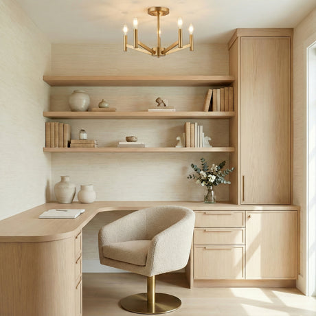 Satin Brass geometric chandelier in a Modern Office with a light wood desk.