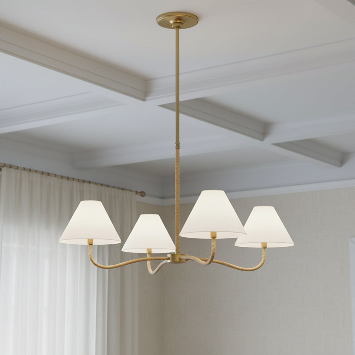 Harlow 4 Light 35" wide Chandelier in brass with rattan details and white fabric shades, for Transitional and Coastal home