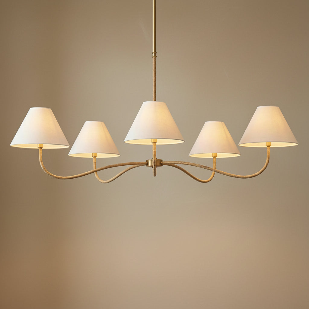 Harlow 5 Light Chandelier 51" Modern Brass with Rattan for Transitional home with Beige Wall