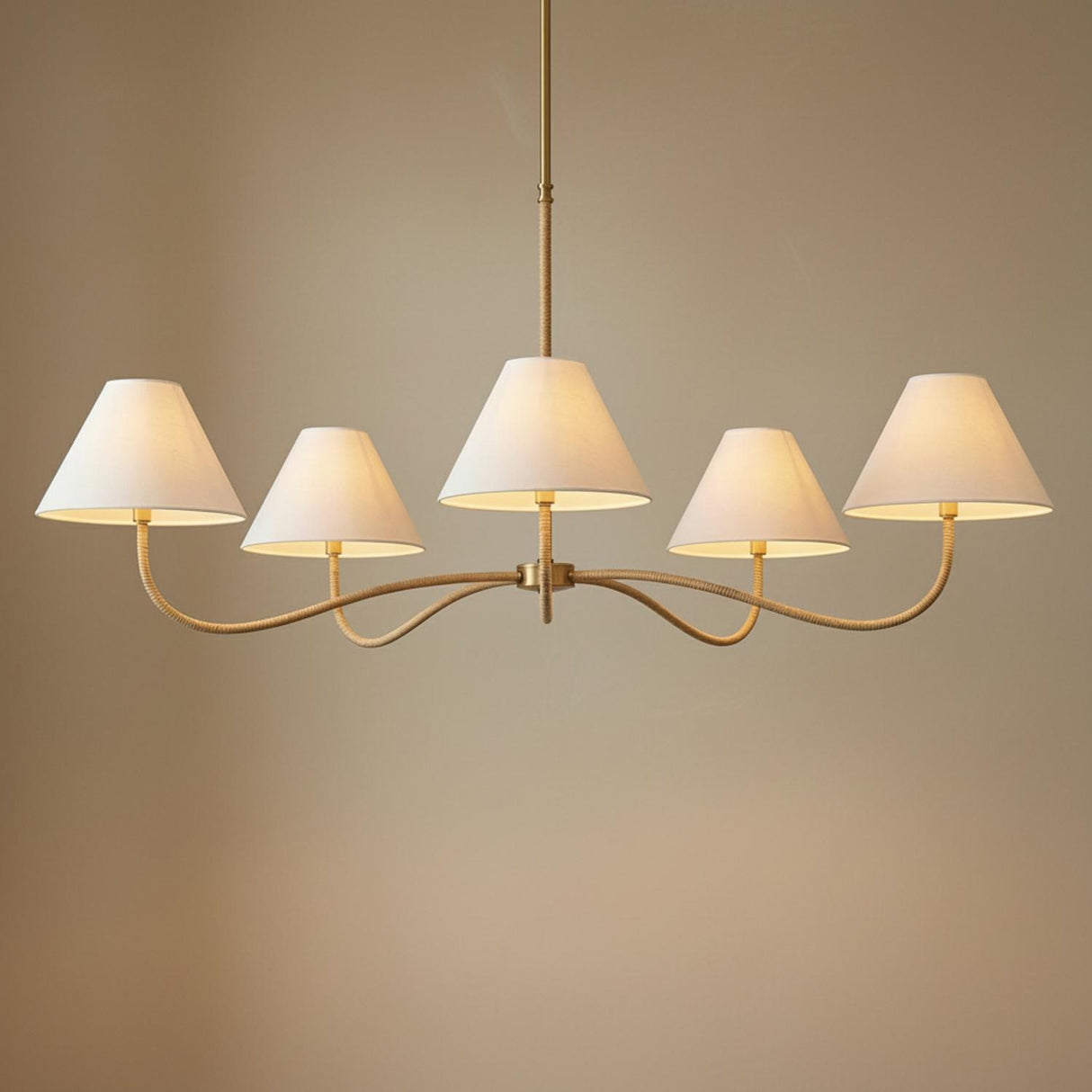 Harlow 5 Light Chandelier 51", Modern Brass with Rattan