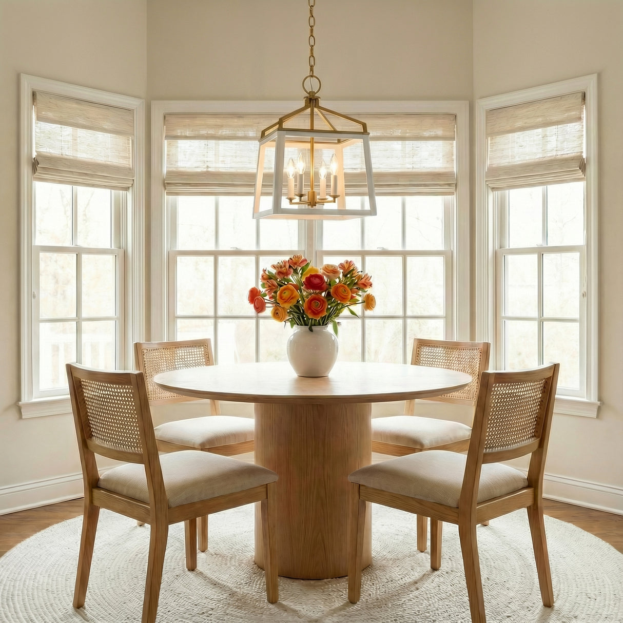 Fillmore Matte White and Modern Brass geometric lantern pendant in a Transitional Dining Room with an oak pedestal table and cane chairs.