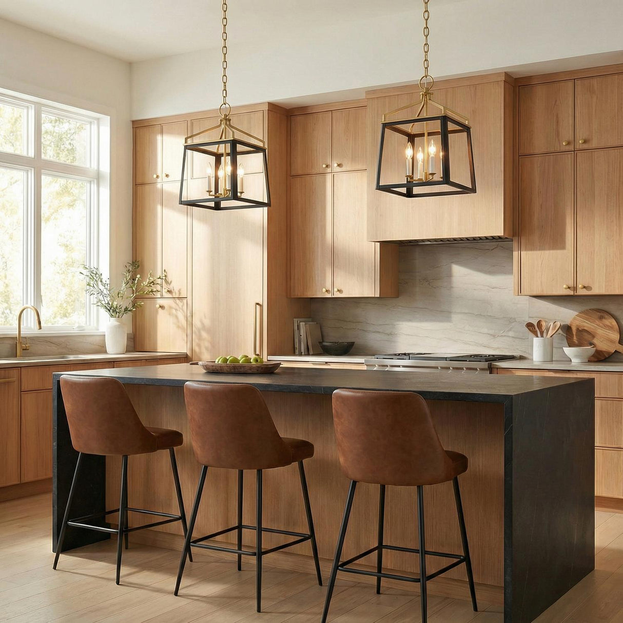 Fillmore Medium Lantern Pendant 13", Matte Black and Modern Brass geometric lantern Pendant in a Modern Farmhouse Kitchen with a black island.