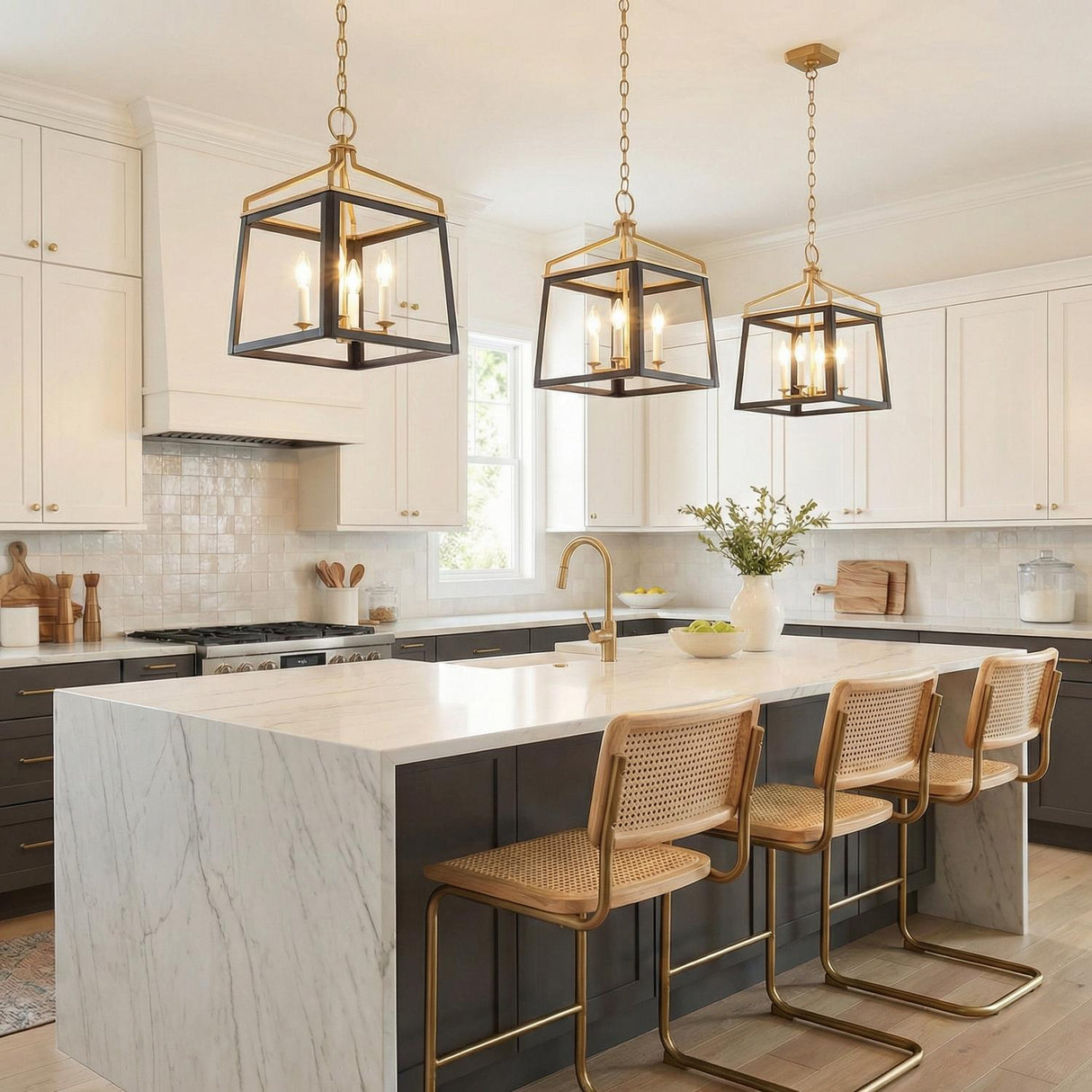 Fillmore Medium Lantern Pendant 13", Matte Black and Brass geometric Pendant in a Modern Farmhouse Kitchen with a white marble island.