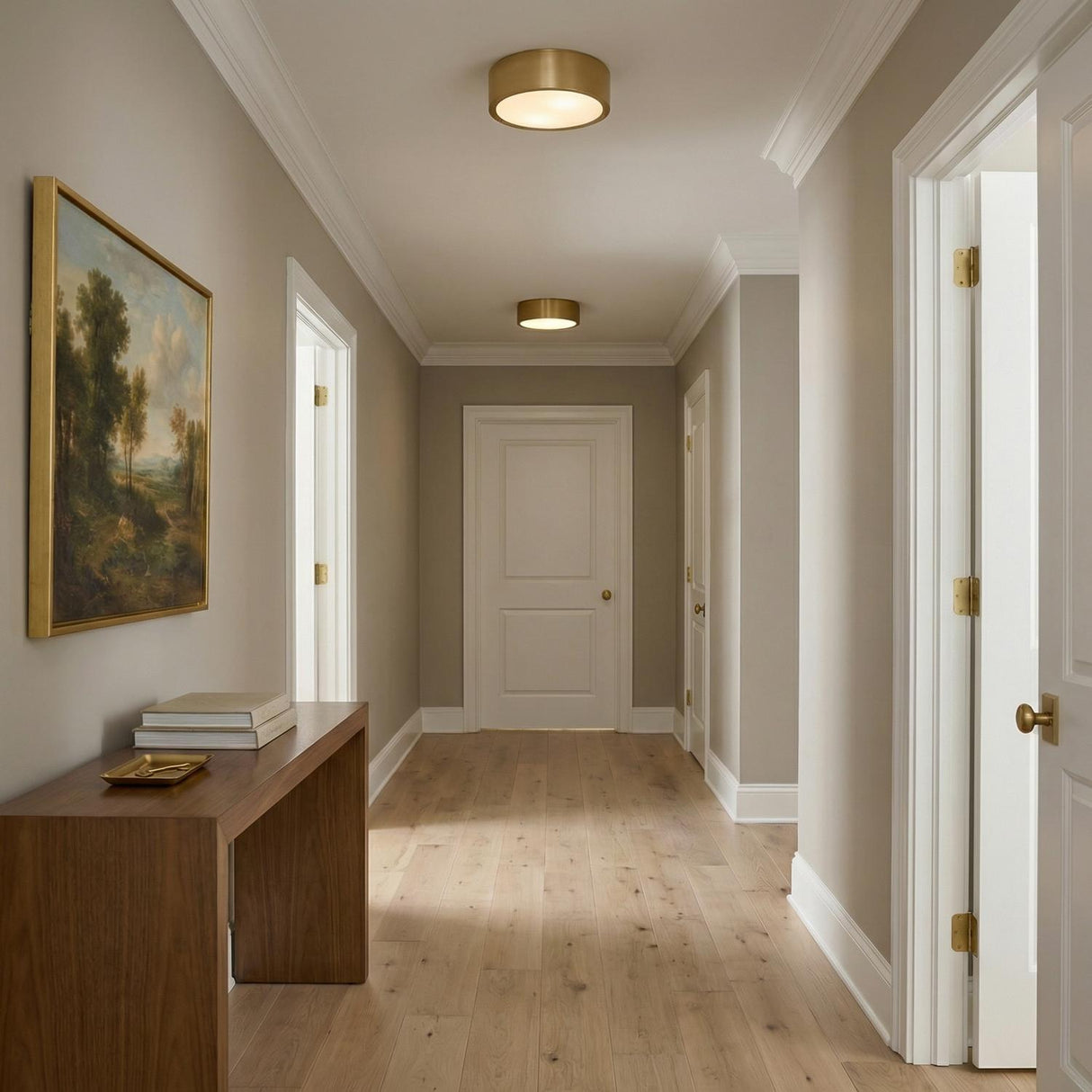Neal Medium Flush Mount 13", Satin Brass geometric flush mount in a Transitional Hallway with a walnut console table and framed art.