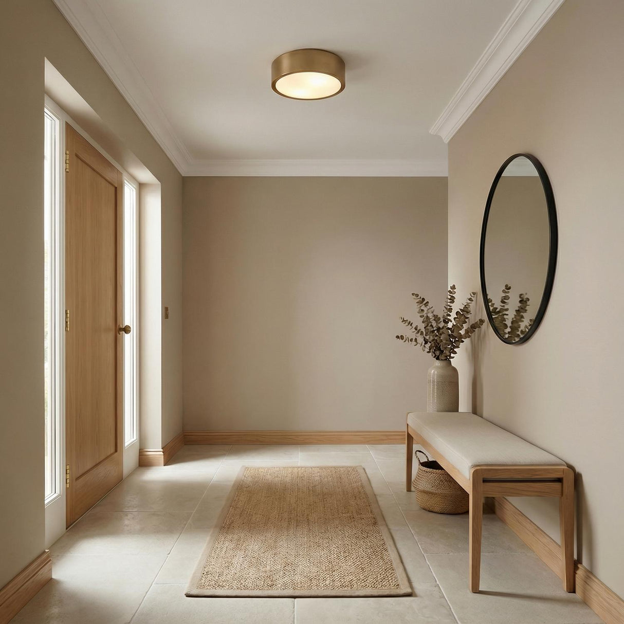 Neal Medium Flush Mount 13", Satin Brass geometric flush mount in a Transitional Entryway with an oak bench and jute rug.
