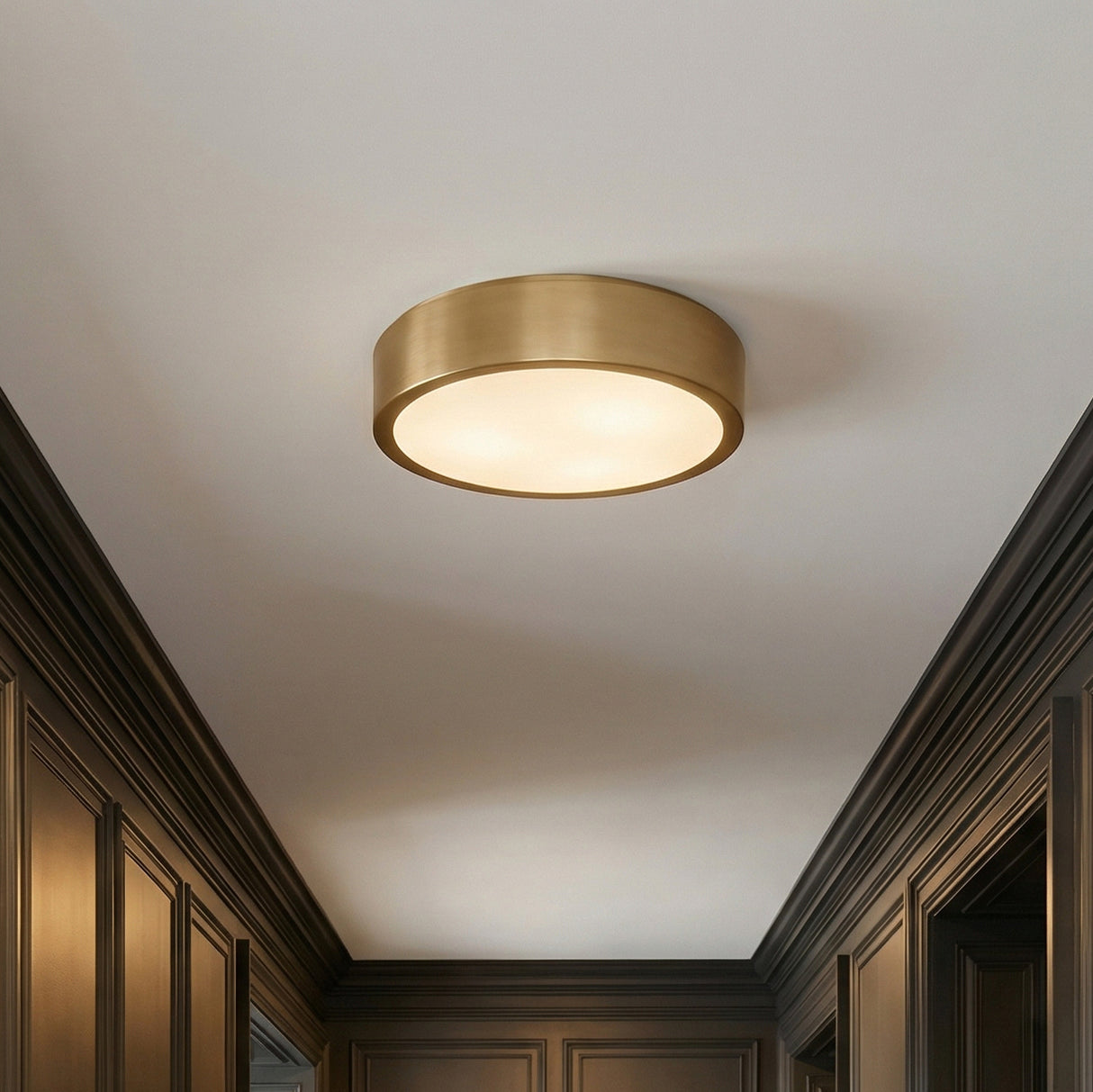 Neal Large Flush Mount 18", Satin Brass geometric flush mount in a Transitional Entryway with dark wood paneled walls.
