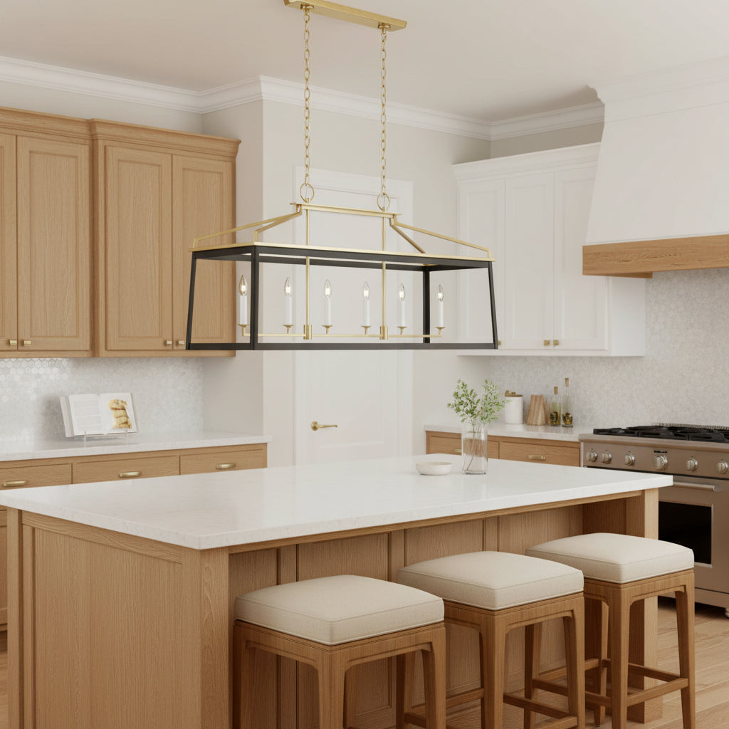 Modern kitchen with wooden cabinets, island, and the Fillmore Linear Lantern Pendant 48", Matte Black and Modern Brass