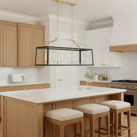 Modern kitchen with wooden cabinets, island, and the Fillmore Linear Lantern Pendant 48", Matte Black and Modern Brass
